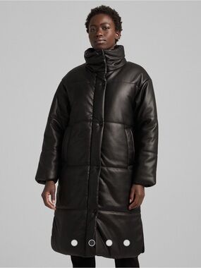 NWOT ASOS DESIGN Bershka Quilted Black Faux Leather Super Long Puffer Coat Sz 4